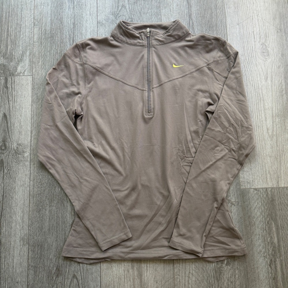 Y2K Nike Womens M Gray 1/2 Zip Running Pullover Yellow Swoosh Mesh Back Top